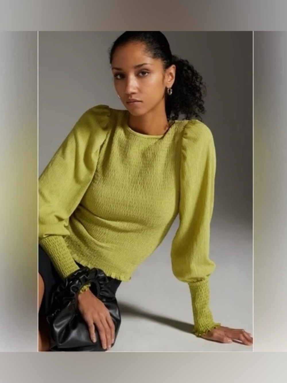 Anthropologie Smocked Long Sleeve Puff Sleeves Green Ruched Top‎ Size xs